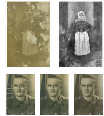 Restauracija starih fotografija u Beogradu: žena u narodnoj nošnji i vojnik, pre i posle