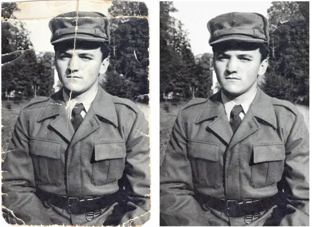 Iscepana i presavijena fotografija mladića u vojnoj uniformi, pre i posle retuša