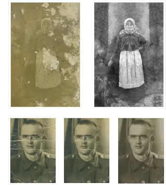 Реставрация старых фотографий: женщина в народном костюме и солдат, до и после