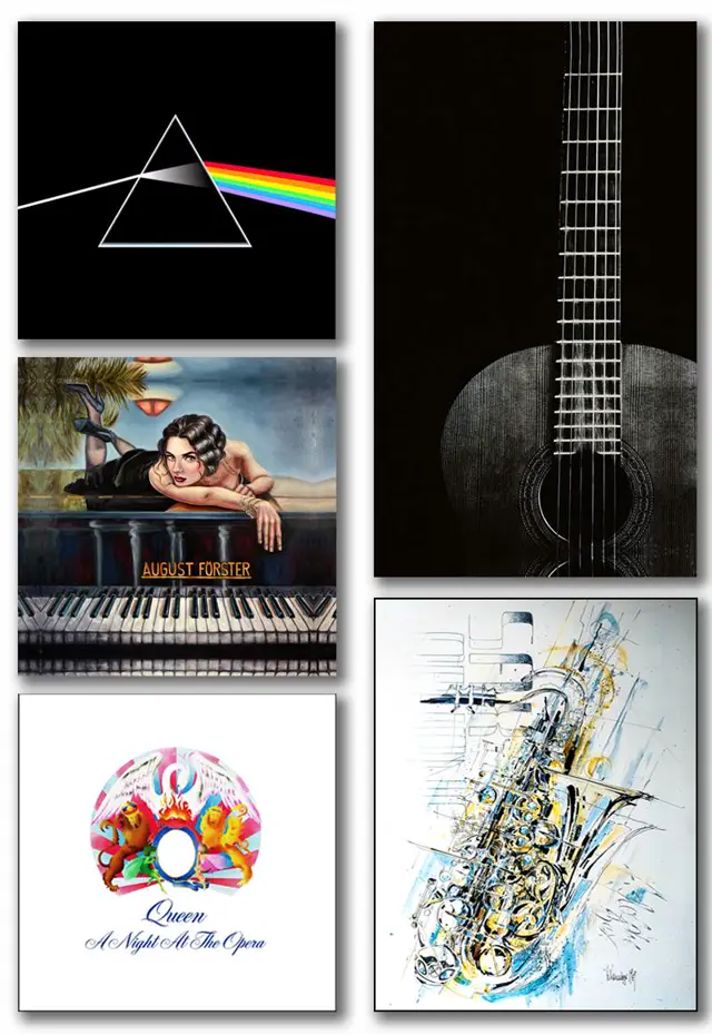 Large canvas prints for the wall: guitar, saxophone, piano and album covers