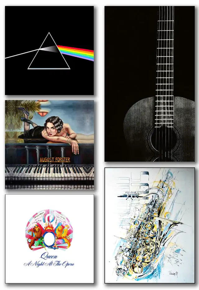 Velike slike za zid na platnu: gitara, saksofon, klavir i omoti muzičkih albuma