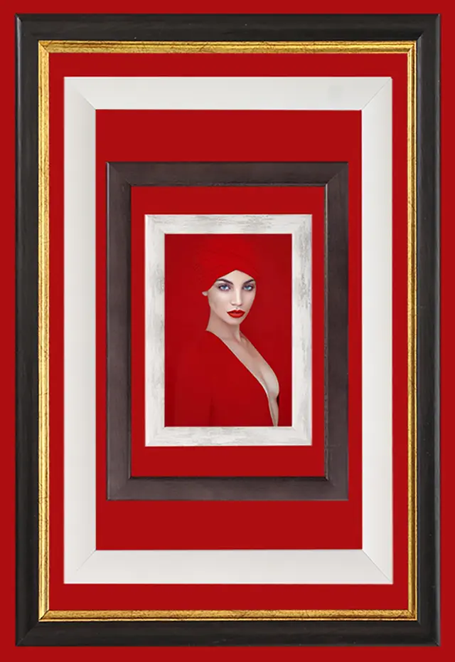 Photo frames: black-and-gold, white and dark brown frames around a portrait of a woman in red