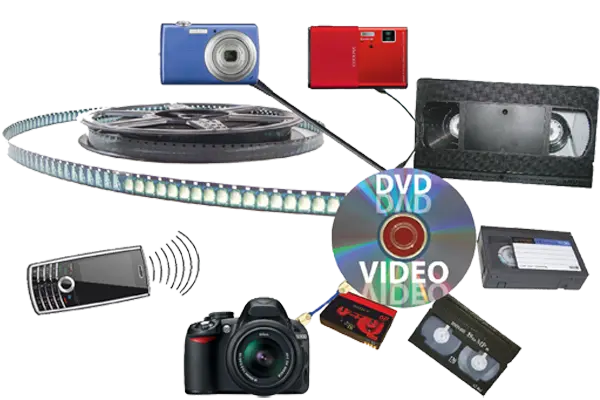 VHS to digital: VHS, VHS-C and MiniDV tapes, film reel, camcorders and a DVD
